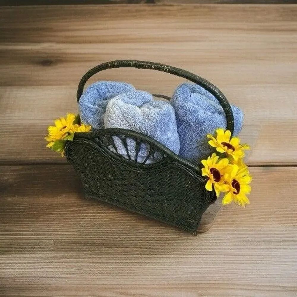VTG Wicker Magazine Towel Record Storage Basket Green Peacock Shabby Cottage 60s